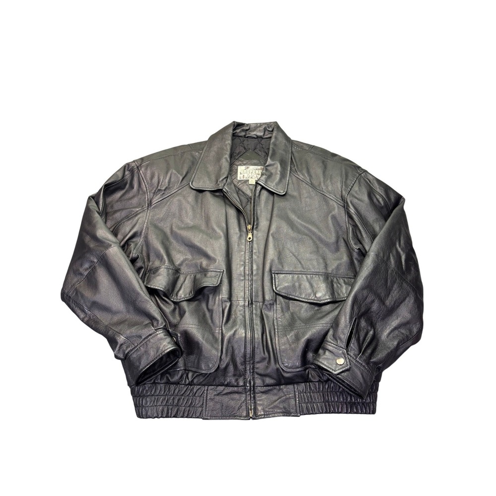 Vintage Property‎ Black Leather Bomber Jacket Men's XL Oversized Zip Coat